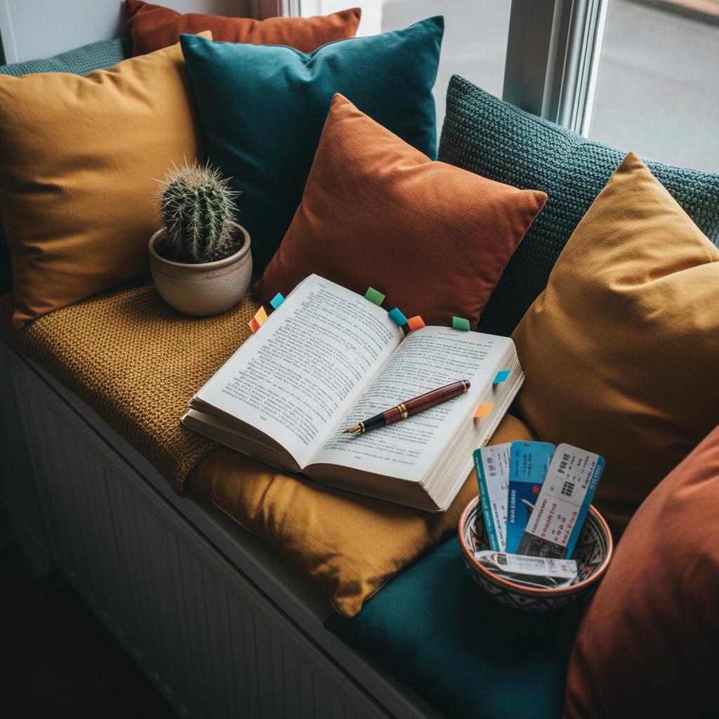 A cozy reading nook built into a windowsill, piled with mismatched cushions in teal, mustard, and terracotta fabrics with visible texture. In the center lies an open foreign-language novel, its pages slightly curled, with a set of colored sticky flags peeking from the edges and a fountain pen resting across the spine. On the sill, a small potted cactus and a ceramic bowl of airplane boarding passes and tram tickets hint at past adventures. Overcast daylight creates soft, even illumination, minimizing harsh shadows. Captured from a three-quarter overhead angle in crisp photographic realism, the composition uses the rule of thirds to draw the eye to the book. The mood is calm, intimate, and gently playful, suggesting slow, enjoyable language study woven into everyday life.