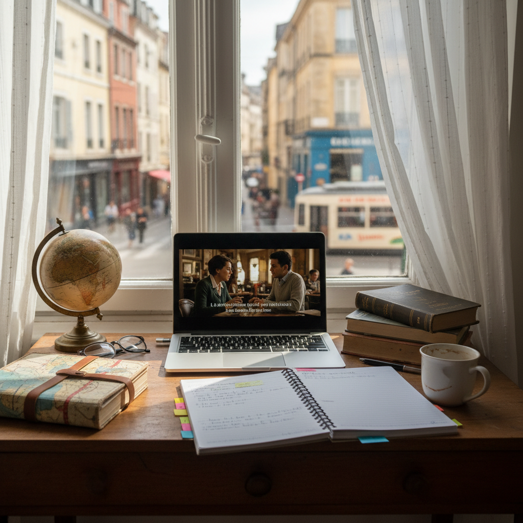 A small, sunlit desk tucked beside a wide window overlooking a lively but softly blurred European street with colorful facades. On the desk, an open laptop shows a video paused on a foreign-language movie scene, surrounded by a neat stack of dog-eared grammar books, a spiral notebook covered in sticky tabs, and a mug with tea stains on the rim. A small globe and a fabric-covered travel journal lean against each other in the corner. Gentle morning light filters through sheer curtains, casting delicate reflections on the laptop screen. Photographed at eye level with a moderate depth of field, the scene feels authentic and slightly messy, emphasizing real-life language learning and cultural immersion rather than perfectionism.