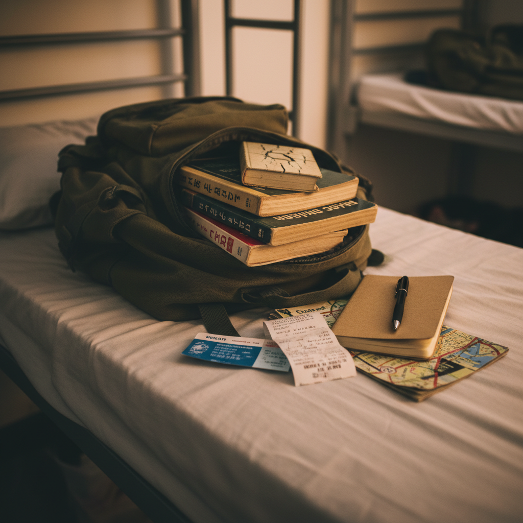 A sturdy canvas backpack half-unzipped on a hostel bunk, revealing a compact stack of well-thumbed language phrasebooks in different alphabets, a tiny pocket dictionary with a cracked spine, and a travel-sized notebook with a pen clipped to the cover. A metro ticket, a café receipt with scribbled translations, and a crumpled city brochure spill onto the simple white sheet. Warm evening light from a bedside lamp creates a cozy pool of light, with the rest of the dorm room fading into soft shadow. Shot from a low, close-up angle with shallow depth of field, the image has a candid, documentary feel, highlighting language learning as a companion to real travel rather than a polished, perfectionist project.